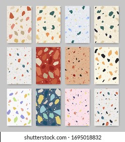 Terrazzo modern print flooring background set. Different shapes seamless pattern. Natural stone, granite, marble texture. Orange trendy warm terracotta color palette. Italian style. Vector