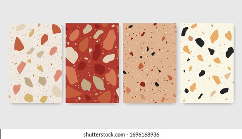 Terrazzo modern print flooring background set. Different shapes seamless pattern. Natural stone, granite, marble texture. Orange trendy warm terracotta color palette. Italian style. Vector