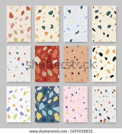 Terrazzo modern print flooring background set. Different shapes seamless pattern. Natural stone, granite, marble texture. Orange trendy warm terracotta color palette. Italian style. Vector