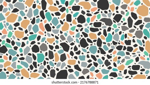 Terrazzo moderne Vektormuster. Marmor realistische Bodenstruktur. Granit- und Quarzsteinziegel. Farbiges Glas-Effekt-Mosaik. Pool-Zementboden. Home Keramik-Dekor Illustration. Naturstein