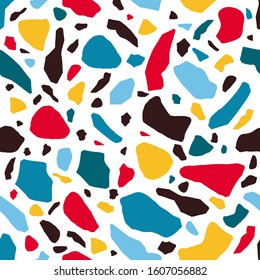 Terrazzo montley stones seamless pattern with colored rocks fractions vector illustration. Natural style mineral bacdrop textured composition. Natural granite, quartz, marble, glass and concrete.