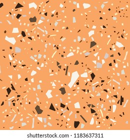 Terrazzo on orange background pattern design with brown and white fragments/abstract geometrical seamless pattern vector illustration