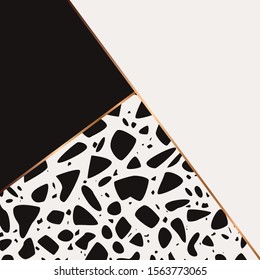 Terrazzo pattern design with hand drawn rocks, geometric shapes and golden line. Black and white abstract modern background, flat vector illustration