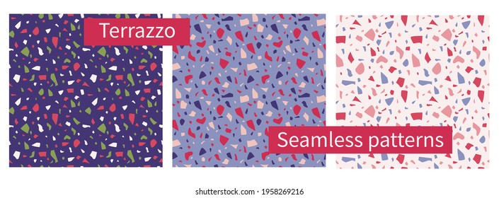 Terrazzo pattern. Set of Seamless marble prints. Stone texture. Granite colorful Floor. Italian style of concrete. Modern abstract background. 