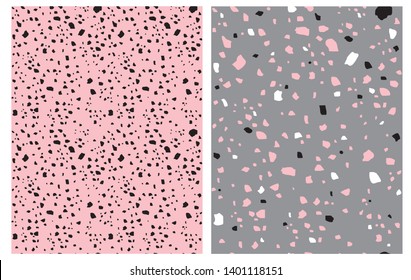 Terrazzo Patterns. Abstract Geometric Seamless Vector Pattern with Black Irregular Spots on a Light Pink Background. Pink, White and Black Stains on a Gray Layout. Irregular Repeatable Print.