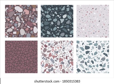 Terrazzo patterns. Set of 6 seamless terrazzo texture patterns. Colorful, trendy backgrounds. Abstract vector Illustration.