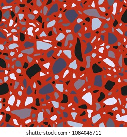Terrazzo red and black seamless pattern. Tile with pebbles and stone. Abstract texture background for wrapping paper, wallpaper, terrazzo flooring.  Vector  illustration