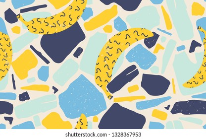 Terrazzo rustic pattern with bananas. Modern vector abstract collage design. Fashionable template for design.