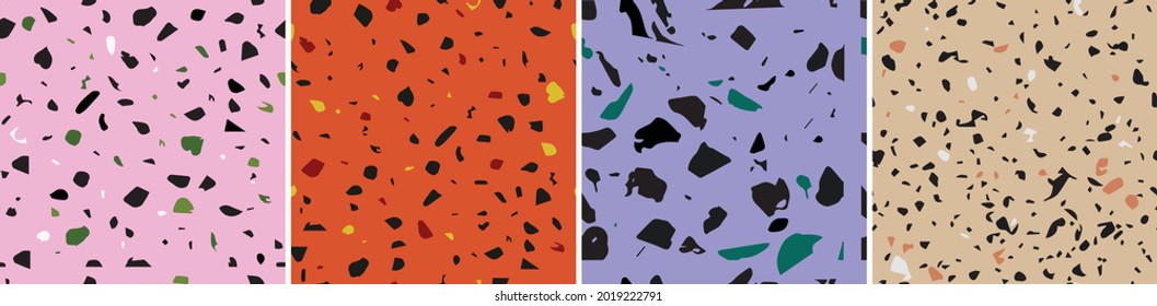 Terrazzo seamless childish patterns. Colorful vector repeat set, textured, marble mosaic vector set. Great for fabric, giftwrap, scrapbooking, packaging