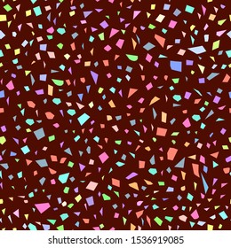 Terrazzo Seamless pattern abstract texture, traditional geometric flooring material, chips of marble granite. pastel colors on brown background Can be used for Gift wrap, fabrics, wallpapers. Vector
