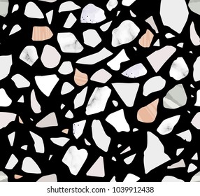 Terrazzo seamless pattern. Black background. Textured shapes. Pa