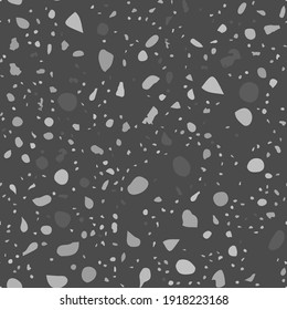 Terrazzo seamless pattern. Black and white classic flooring texture. Bold background made of natural stones, granite, quartz, marble, and concrete. Marvelous seamless terrazzo.