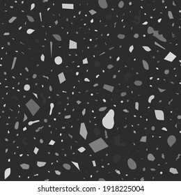 Terrazzo nahtloses Muster. Schwarz-Weiß-Bodenstruktur. Feiner Hintergrund aus Natursteinen, Granit, Quarz, Marmor und Beton. Mind blühende nahtlose Terrazzo.