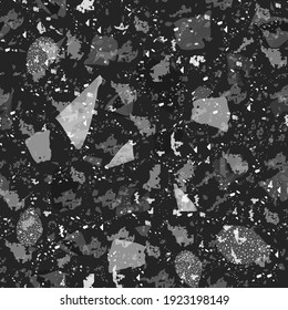 Terrazzo seamless pattern. Black and white classic flooring texture. Charming background made of natural stones, granite, quartz, marble, and concrete. Fantastic seamless terrazzo.