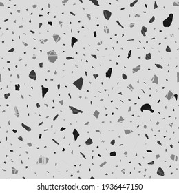Terrazzo seamless pattern. Black and white classic flooring texture. Charming background made of natural stones, granite, quartz, marble, and concrete. Ideal seamless terrazzo.