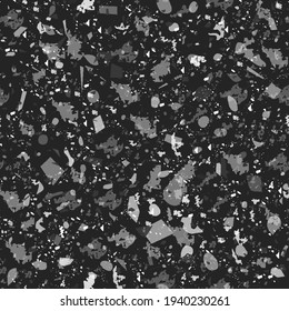 Terrazzo seamless pattern. Black and white classic flooring texture. Charming background made of natural stones, granite, quartz, marble, and concrete. Fancy seamless terrazzo.