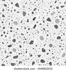 Terrazzo seamless pattern. Black and white classic flooring texture. Charming background made of natural stones, granite, quartz, marble, and concrete. Extraordinary seamless terrazzo.