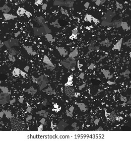 Terrazzo seamless pattern. Black and white classic flooring texture. Charming background made of natural stones, granite, quartz, marble, and concrete. Fabulous seamless terrazzo.