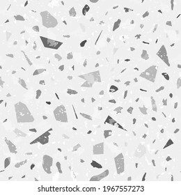 Terrazzo seamless pattern. Black and white classic flooring texture. Charming background made of natural stones, granite, quartz, marble, and concrete. Exquisite seamless terrazzo.