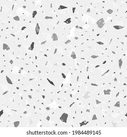 Terrazzo seamless pattern. Black and white classic flooring texture. Charming background made of natural stones, granite, quartz, marble, and concrete. Exceptional seamless terrazzo.