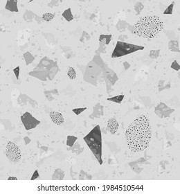Terrazzo seamless pattern. Black and white classic flooring texture. Charming background made of natural stones, granite, quartz, marble, and concrete. Grand seamless terrazzo.
