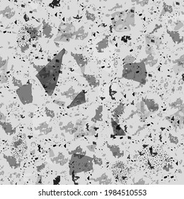 Terrazzo seamless pattern. Black and white classic flooring texture. Charming background made of natural stones, granite, quartz, marble, and concrete. Graceful seamless terrazzo.