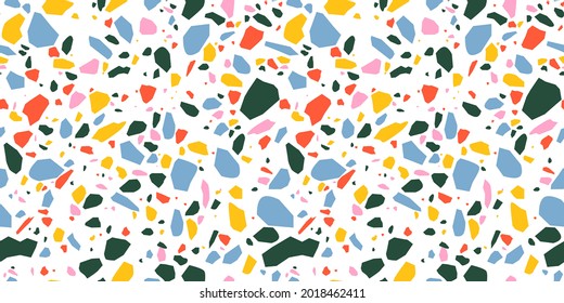 Terrazzo seamless pattern in bright primary colors with abstract mosaic stone shapes. Retro terrazo minimalist art background ideal for print, fashion or trendy design project.