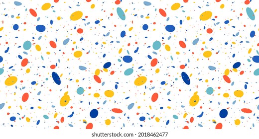 Terrazzo seamless pattern in bright primary colors with abstract mosaic stone shapes. Retro terrazo minimalist art background ideal for print, fashion or trendy design project.