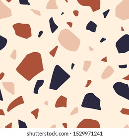Terrazzo seamless pattern. Classic Italian mosaic repeating background. Granite crack stone textured shapes. Vector illustration. Venetian style bold surface design.