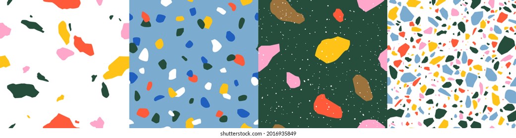 Terrazzo seamless pattern collection in bright primary colors with abstract mosaic stone shapes. Retro terrazo minimalist art background set ideal for print, fashion or trendy design project.