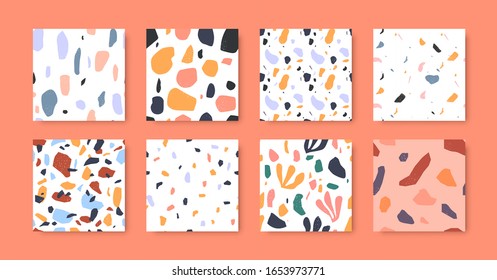 Terrazzo seamless pattern collection in diverse colorful styles with abstract mosaic stone shapes. Modern terrazo minimalist art background set ideal for print, fashion or trendy design project.