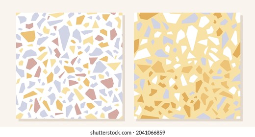 Colección de patrones sin fisuras Terrazzo en diversos estilos coloridos con formas abstractas de mosaico de piedra. Moderno terrazo de fondo artístico minimalista ideal para proyectos de diseño de moda o de diseño.