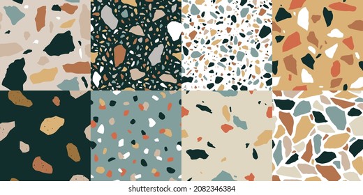 Terrazzo seamless pattern collection in diverse marble stone styles with abstract mosaic rock shapes. Modern terrazo minimalist art background set ideal for print, fashion or trendy design project.