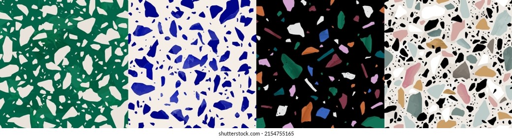 Terrazzo seamless pattern collection in natural pastel colors with abstract mosaic stone shapes. Realistic modern terrazo minimalist art background set ideal for print, fashion or trendy design.