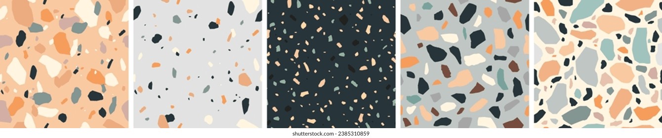 Terrazzo seamless pattern collection in natural pastel colors with abstract mosaic stone shapes. Realistic modern terrazo minimalist art background set ideal for print, fashion or trendy design.