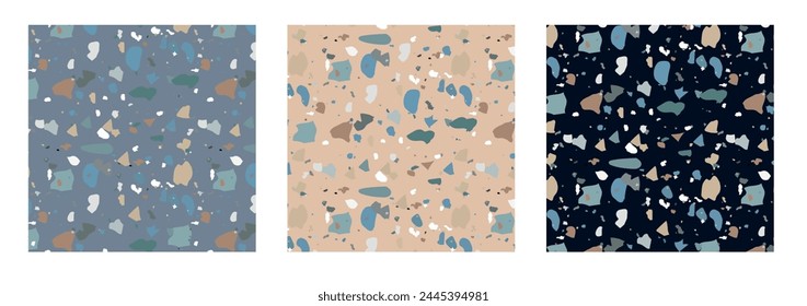 Terrazzo seamless pattern collection in natural pastel colors with abstract mosaic stone shapes. Classic granite natural terrazzo floor. Interior design background for print, fashion or trendy design