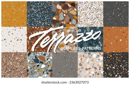 Terrazzo seamless pattern collection in warm colors. Classic italian marble tiles. Abstract mosaic background with natural stone texture for wrapping paper, textile print, packaging design and more