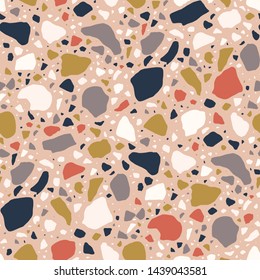 Terrazzo seamless pattern with colorful chips, fractions or fragments scattered on light background. Modern decorative vector illustration in flat style for fabric print, wrapping paper, flooring.