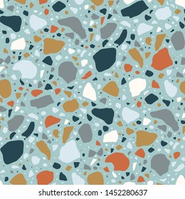 Terrazzo seamless pattern with colorful stone fractions. Natural backdrop with mineral splinters scattered on blue background. Modern vector illustration for wallpaper, wrapping paper, flooring.