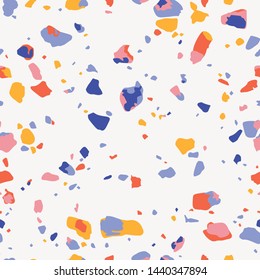 Terrazzo seamless pattern. Colorful vector texture of mosaic floor consisting of recycled plastic, glass splinters, stone fragments, chips of marble, granite, quartz and concrete. Trendy background