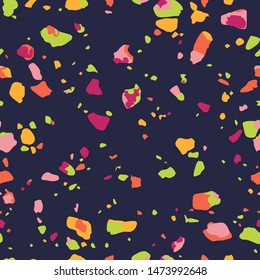 Terrazzo seamless pattern. Colorful vector texture of mosaic floor consisting of recycled glass splinters, plastic, stone fragments, chips of marble, granite. Multicolor particles on black background