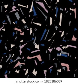 Terrazzo seamless pattern. Colorful vector texture of mosaic floor. Made of recycled plastic, glass splinters, stone fragments, chips of marble, granite. Color on black background.