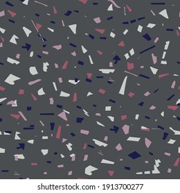 Terrazzo seamless pattern. Colorful vector texture of mosaic floor. Made of recycled plastic, glass splinters, stone fragments, chips of marble, granite. Color on black background.