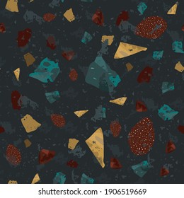 Terrazzo seamless pattern. Dark classic flooring texture. Charming background made of natural stones, granite, quartz, marble, and concrete. Pretty seamless terrazzo.