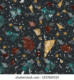 Patrón ininterrumpido de Terrazzo. Textura clásica oscura del suelo. Fondo clásico de piedra natural, granito, cuarzo, mármol y hormigón. Auténtico terrazo sin fisuras.