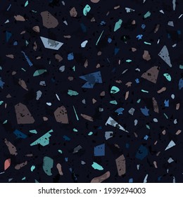 Terrazzo seamless pattern. Dark classic flooring texture. Charming background made of natural stones, granite, quartz, marble, and concrete. Shapely seamless terrazzo.