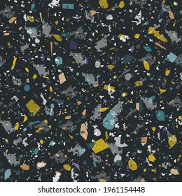 Terrazzo seamless pattern. Dark classic flooring texture. Classic background made of natural stones, granite, quartz, marble, and concrete. Awesome seamless terrazzo.