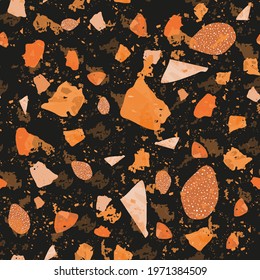 Terrazzo seamless pattern. Dark classic flooring texture. Charming background made of natural stones, granite, quartz, marble, and concrete. Surprising seamless terrazzo.