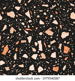 Terrazzo seamless pattern. Dark classic flooring texture. Charming background made of natural stones, granite, quartz, marble, and concrete. Uncommon seamless terrazzo.