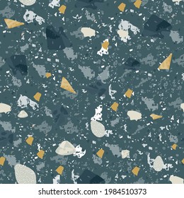 Terrazzo nahtloses Muster. Dunkle, klassische Bodenstruktur. Charmanter Hintergrund aus Natursteinen, Granit, Quarz, Marmor und Beton. Einzigartiger nahtloser Terrazzo.